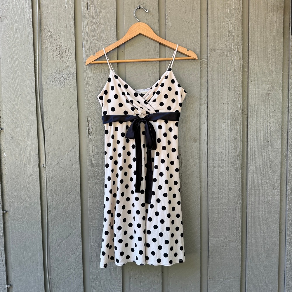 City Triangles Polka Dot Empire Waist Dress Womens L White Black Bow Coquette